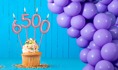 Birthday card with number 6500 candle, cupcake and balloons.