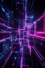 Fototapeta premium Neon blue and pink geometric shapes in dark space for backgrounds and abstract technology use