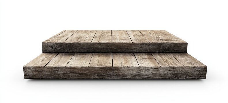 Two-tiered rustic wooden platform isolated on white. (1)