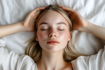 Fototapeta premium A serene young woman lying on a bed with her eyes closed, hands gently resting on her head.