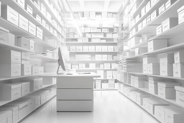 White minimalist warehouse interior with computer and shelves full of boxes.