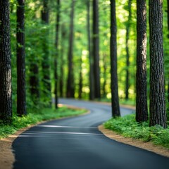 A winding road meanders through a lush forest, surrounded by tall trees and vibrant greenery, inviting exploration and tranquility.
