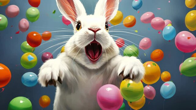 Shocked bunny sitting with Easter eggs