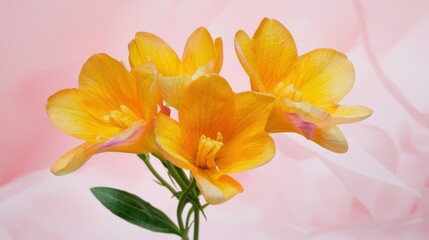 Fototapeta premium Close-Up of Yellow Freesia Flowers on Pink Background
