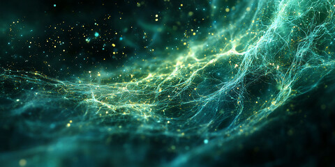 Abstract teal energy flow, cosmic dust background, digital art