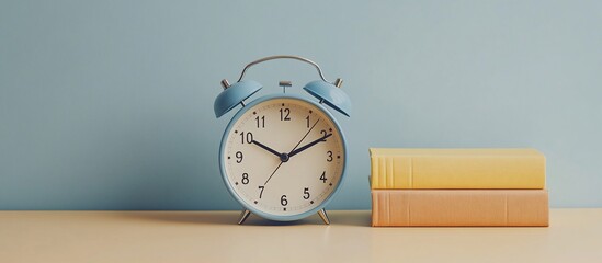 A blue alarm clock sits beside two stacked yellow books against a soft blue background, creating a calm study atmosphere