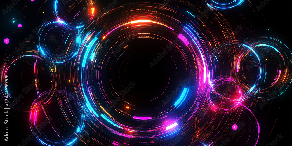 Wall mural glowing neon circles rotating and creating a futuristic background