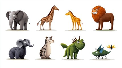 Colorful Cartoon Animals in Various Poses on White Background