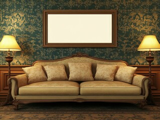 Elegant Vintage Living Room Interior Design with Antique Sofa and Classic Frame.