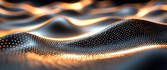 Abstract gold wave pattern, glowing dots, digital art