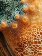 Abstract orange and teal texture, close-up, honeycomb pattern, background blur, scientific use