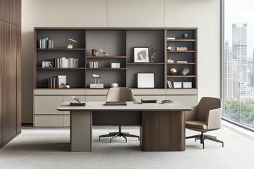 Modern office interior with large desk, built-in shelving, and city view.