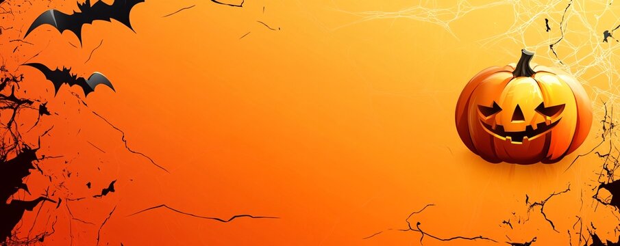 Halloween pumpkin with bats flying over orange background with cracks and spider webs