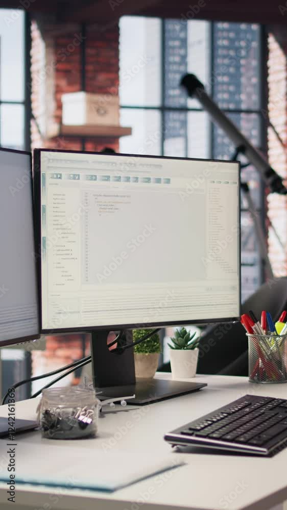 Poster vertical video empty startup office with pc on desk to be used by programmers building scalable solu