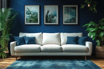 Obraz premium White sofa with blue pillows sits on a teal rug against a deep blue wall adorned with three framed landscape prints and flanked by potted plants. Wooden floor adds warmth to the interior. Natural