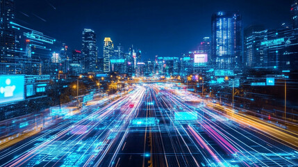 Fototapeta premium Urban cityscape at night with bright blue illuminated skyscrapers, dynamic light trails from moving traffic, and a futuristic architectural aesthetic