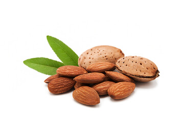 Organic fresh almond nuts with leaves isolated on white background.