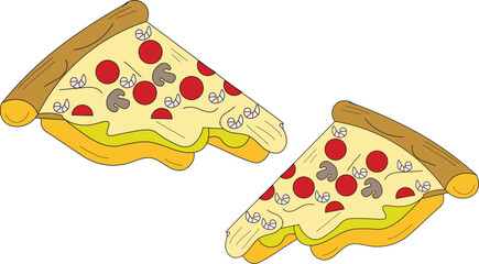the illustration of delicious cheese pizza with paperoni, mushrooms, and small prawn