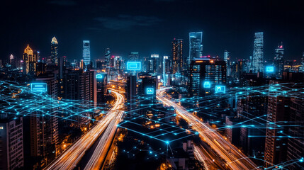Dynamic city skyline at night with illuminated skyscrapers and streaks of light from fast-moving vehicles, capturing the essence of urban life and modern architecture