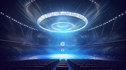 Futuristic arena stage, bright lights, empty seats, event backdrop