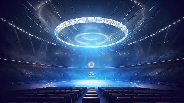 Futuristic arena stage, bright lights, empty seats, event backdrop