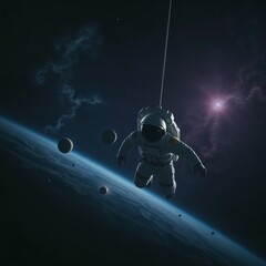 Moody, low-contrast image of a lone astronaut suspended in the vastness of space