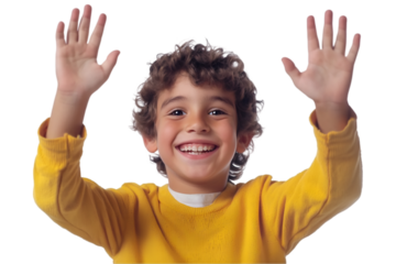 Portrait a Smiling boy cheering with raised hands, isolated on white background