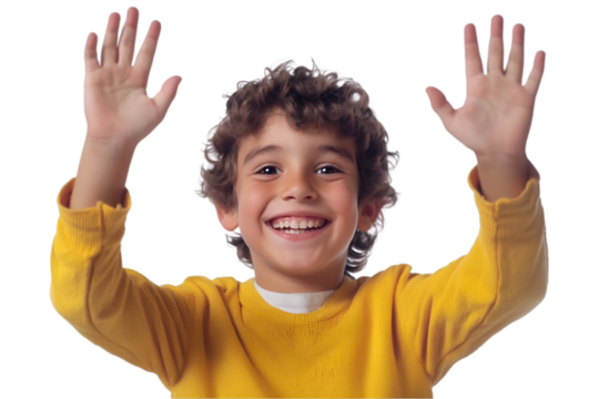 Portrait a Smiling boy cheering with raised hands, isolated on white background - Powered by Adobe
