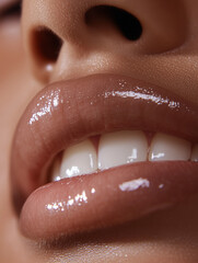 Obraz premium Close-up of beautiful white teeth with perfect and smooth edges, a slightly open mouth, a soft smile, video still.