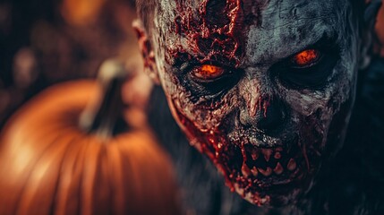 Eerie zombie with glowing eyes lurking in the darkness amidst halloween pumpkins