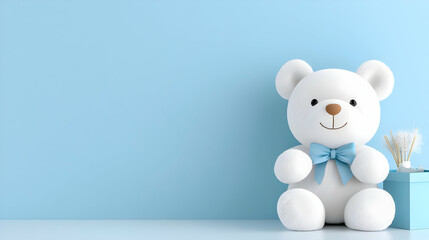 White teddy bear, blue wall, gift box, nursery