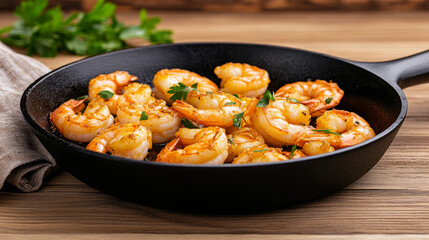 Sizzling gambas al ajillo served in a cast iron skillet with garlic, olive oil, and fresh parsley in a warm, inviting setting