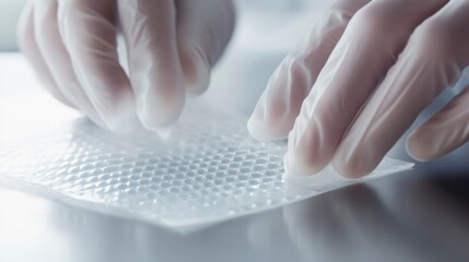 A medium closeup image highlighting a tactile experiment with hydrogel patches on a laboratory table. Scientists gloved hands delicately manipulate the patches emphasizing the flexibility