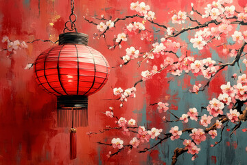 Red Chinese lantern hanging amidst a vibrant cherry blossom painting, creating a serene and festive atmosphere.