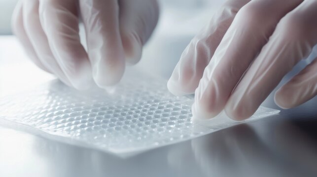 A medium closeup image highlighting a tactile experiment with hydrogel patches on a laboratory table. Scientists gloved hands delicately manipulate the patches emphasizing the flexibility