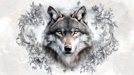 Majestic Wolf Portrait with Floral Accents Digital Art Serene Environment Artistic Viewpoint
