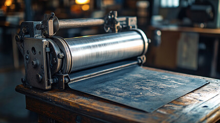 Fototapeta premium Vintage retro silver metal printer machine or device closeup. old fashioned rough textured antique equipment on the wooden table or desk. nobody, no people, copy space.