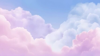Dreamy pastel sky with fluffy clouds in pink and blue colors. Serene cloudscape for Easter, baby shower, or wedding background. Heaven and religion concept