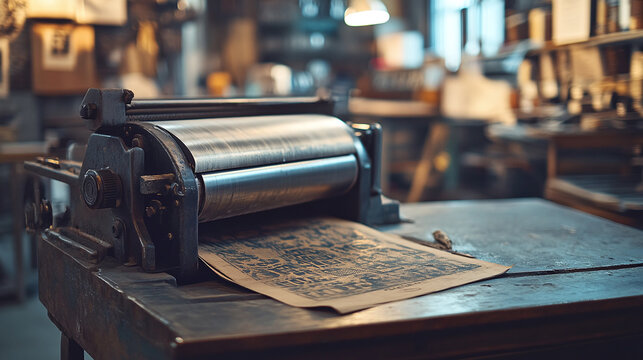 Vintage retro silver metal printer machine or device closeup. old fashioned rough textured antique equipment on the wooden table or desk. nobody, no people, copy space.