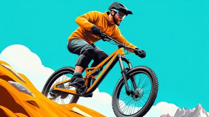 Obraz premium Mountain Biker Riding Downhill in Vibrant Outdoor Environment