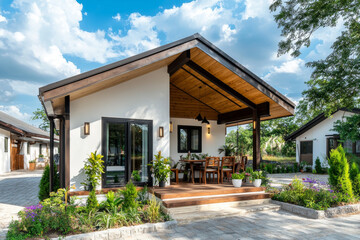 Fototapeta premium Charming Modern House Suburban Area Architectural Photography Outdoor Setting Wide Angle Cozy Retreat