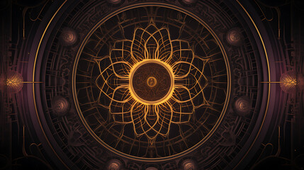 Golden mandala, intricate design, dark background, spiritual art, meditation