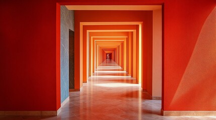 Vibrant orange corridor with repeating arches leading to a distant light, showcasing architectural design