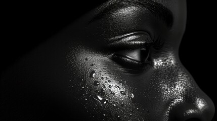 Obraz premium Close-up of a Face with Water Droplets on Skin, Showcasing Texture and Light Reflection in High-Contrast Black and White Composition