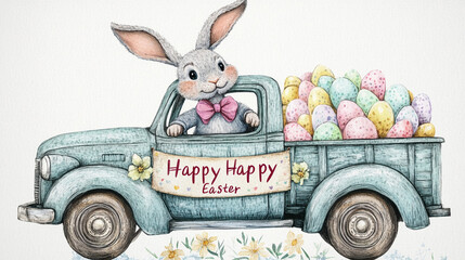 Adorable pastel blue vintage truck filled with Easter eggs and a plush bunny, creating a nostalgic and festive holiday scene