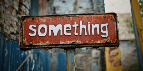 Aged and Worn Metal Sign on a Rusty Post with Bold White Text Reading SOMETHING Set Against an Urban Backdrop of Distressed Brick and Faded Paint