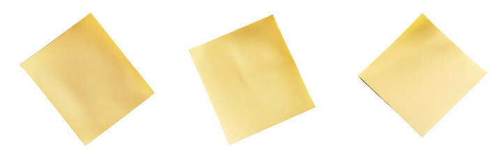 A Set of Blank Yellow Sticky Notes with Shadows and Depth Isolated on Transparent Background
