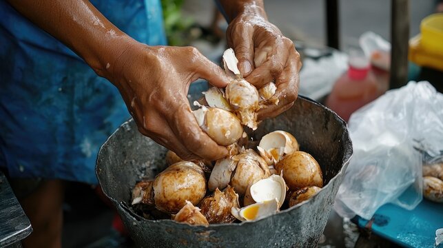 Close up of hands peeling balut eggs in a metal bowl street food