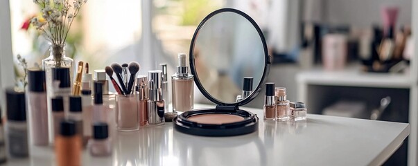 Assorted makeup products on display in a contemporary beauty studio