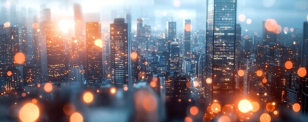 Obraz premium A futuristic cityscape with bokeh lights reflecting off glass panels of skyscrapers, evoking a sense of modern corporate life. Perfect for urban-themed projects or real estate designs
